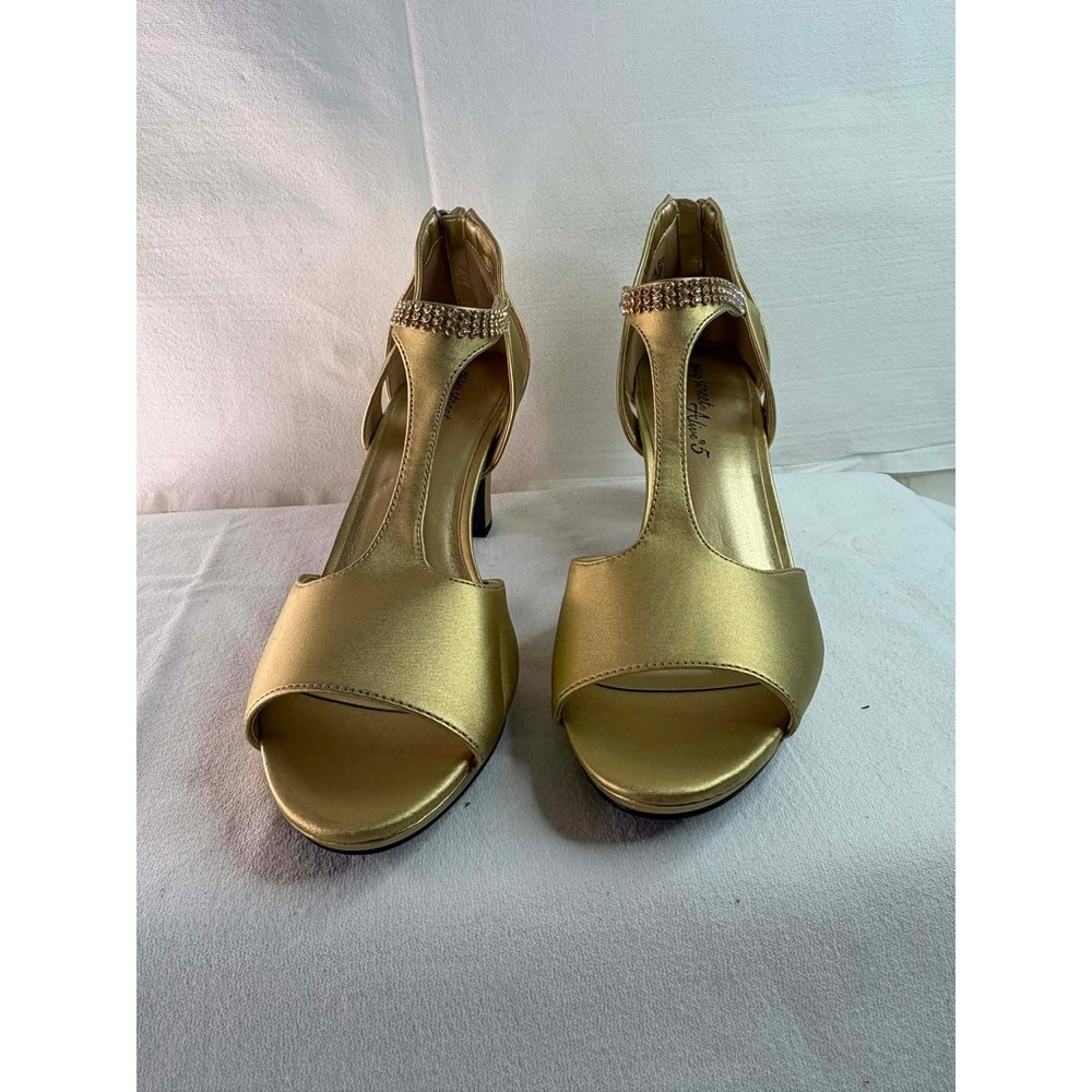 Easy Street Alive 5 Gold Metallic T-Strap Rhinestone Heels Womens 10 M 31-6638